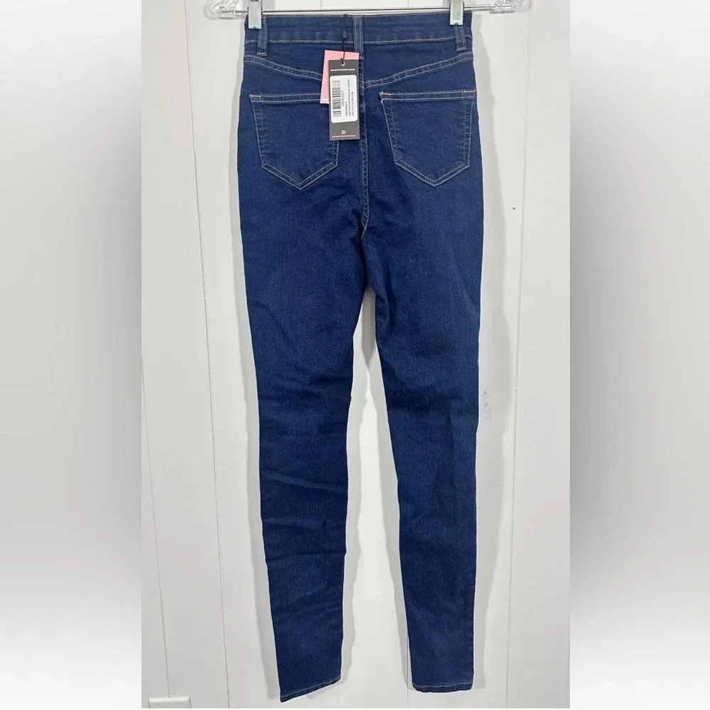 NWT PrettyLittleThing Denim Dark Wash Hi Rise 5 Pocket Skinny Jeans Sz 0 Ripped - Picture 4 of 11